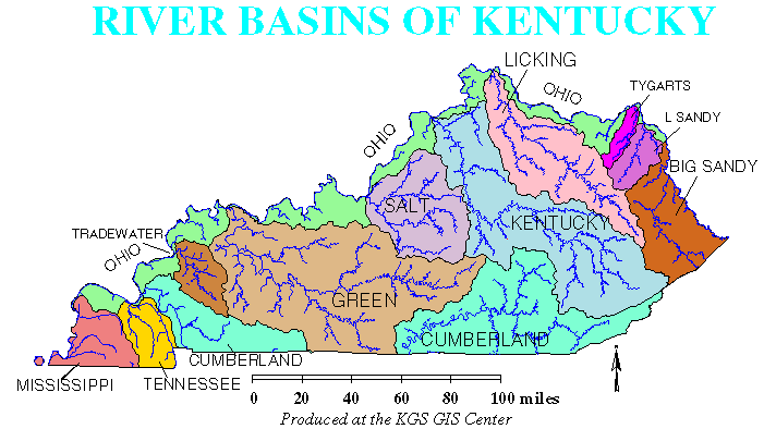 Old digital image of Kentucky's drainage basins. Cyan text at top reads "RIVER BASINS OF KENTUCKY" - underneath is a map of the state with drainage basins blocked out in color, with major rivers marked in blue. At the far west of the state are the Mississippi and Tennessee basins, which occupy the space west of the LBL. The Ohio basin forms the top border of the state from about Paducah all the way over to around Ashland. The Cumberland basin is shown in two chunks that form a dissected "U" shape crossing into where Tennesse would be. Cradled in the "U" is the Green river basin, taking up much of southwest Kentucky between about Christian County to Lincoln County. This portion probably takes up more space than any other basin in the state. To its immediate west is the Tradewater basin, mostly Crittenden, Union, and Caldwell counties. Salt River basin takes up the space south of Louisville and down through Mercer county. Kentucky River basin stretches all the way from northern Kentucky to Letcher County, covering the Bluegrass and much of southeastern Kentucky. Licking river basin is Northern Kentucky down through Magoffin County. At the far east of the map is Tygarts (thin chunk of Greenup and Carter), Little Sandy (Lawrence and Johnson), and Big Sandy (Pike, Floyd, Martin,-ish).